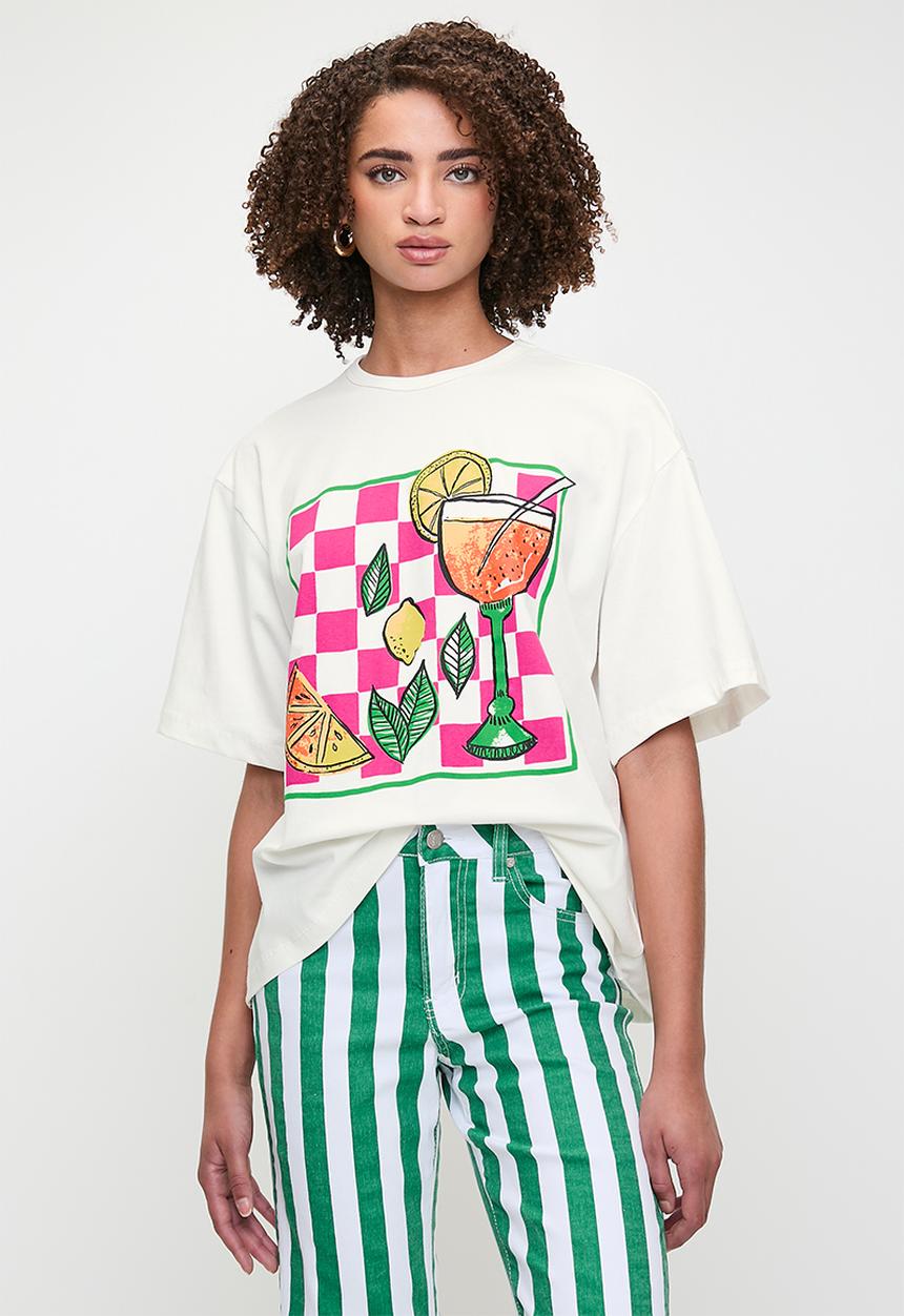 Me&B - Statement Tee With Cocktail Gingham Print - Cocktail