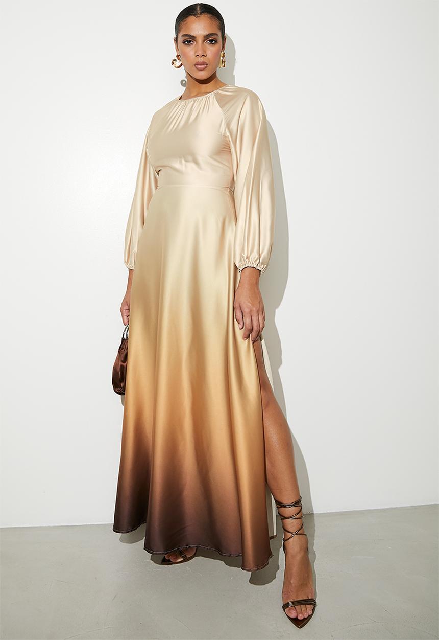VELVET - Balloon sleeve statement dress with high slit - brown abstract