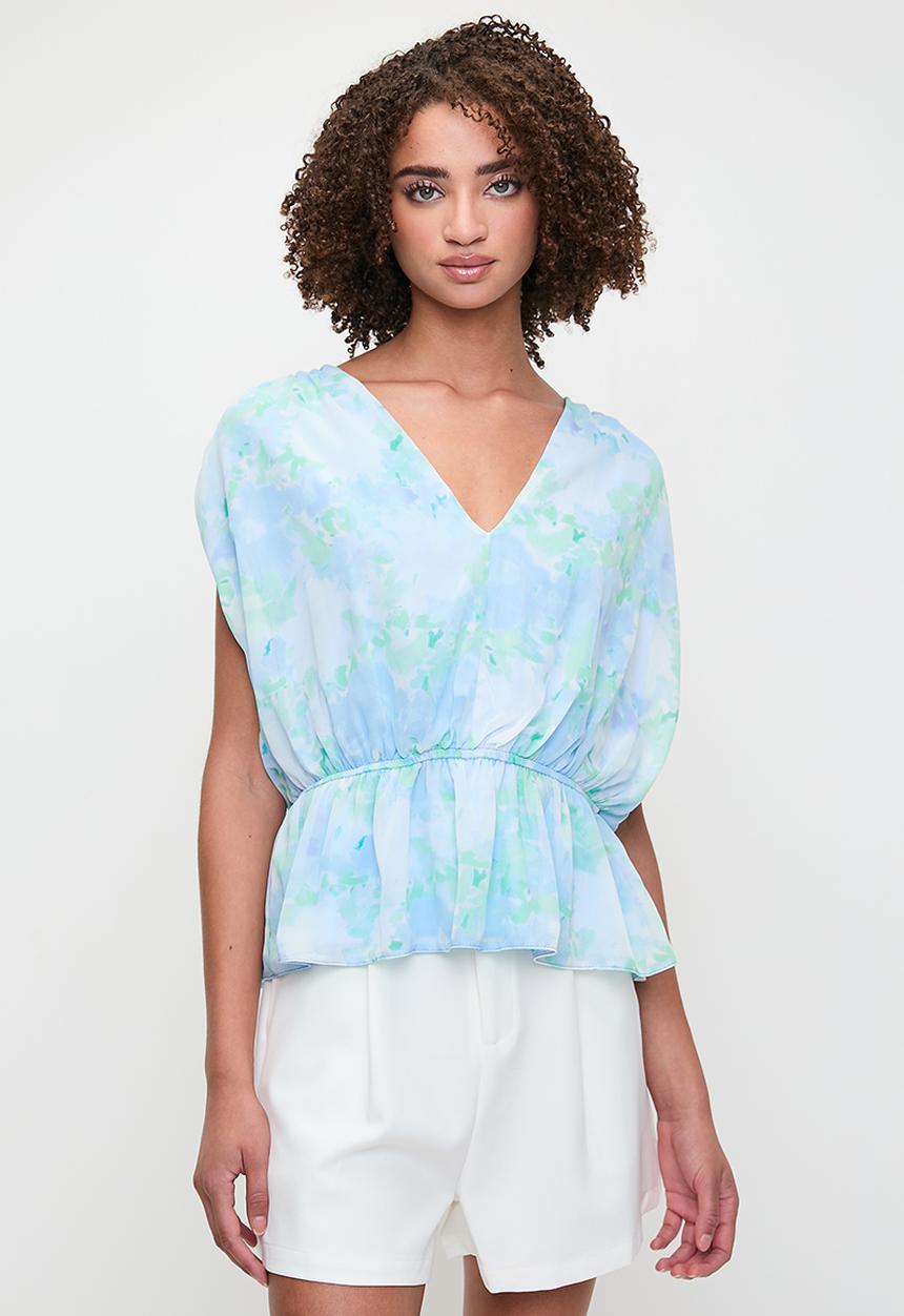 MILLA - Printed sheer back tie top - blue floral