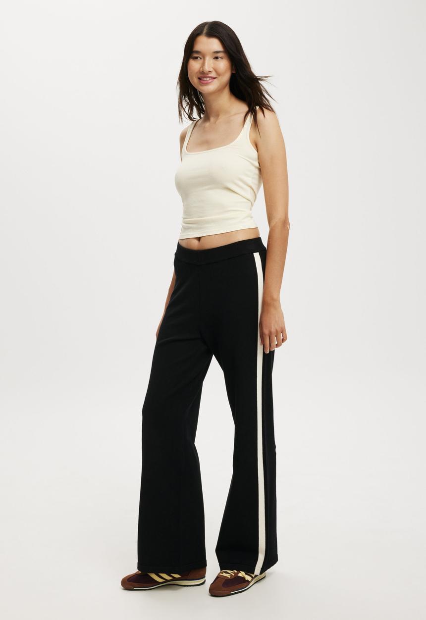 Cotton On - Wide Leg Knit Pant - Black/Porcelain Stripe