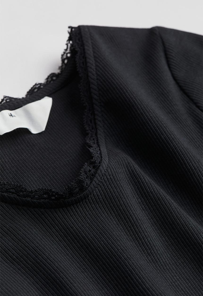 H&M - Lace-trimmed cotton top - black