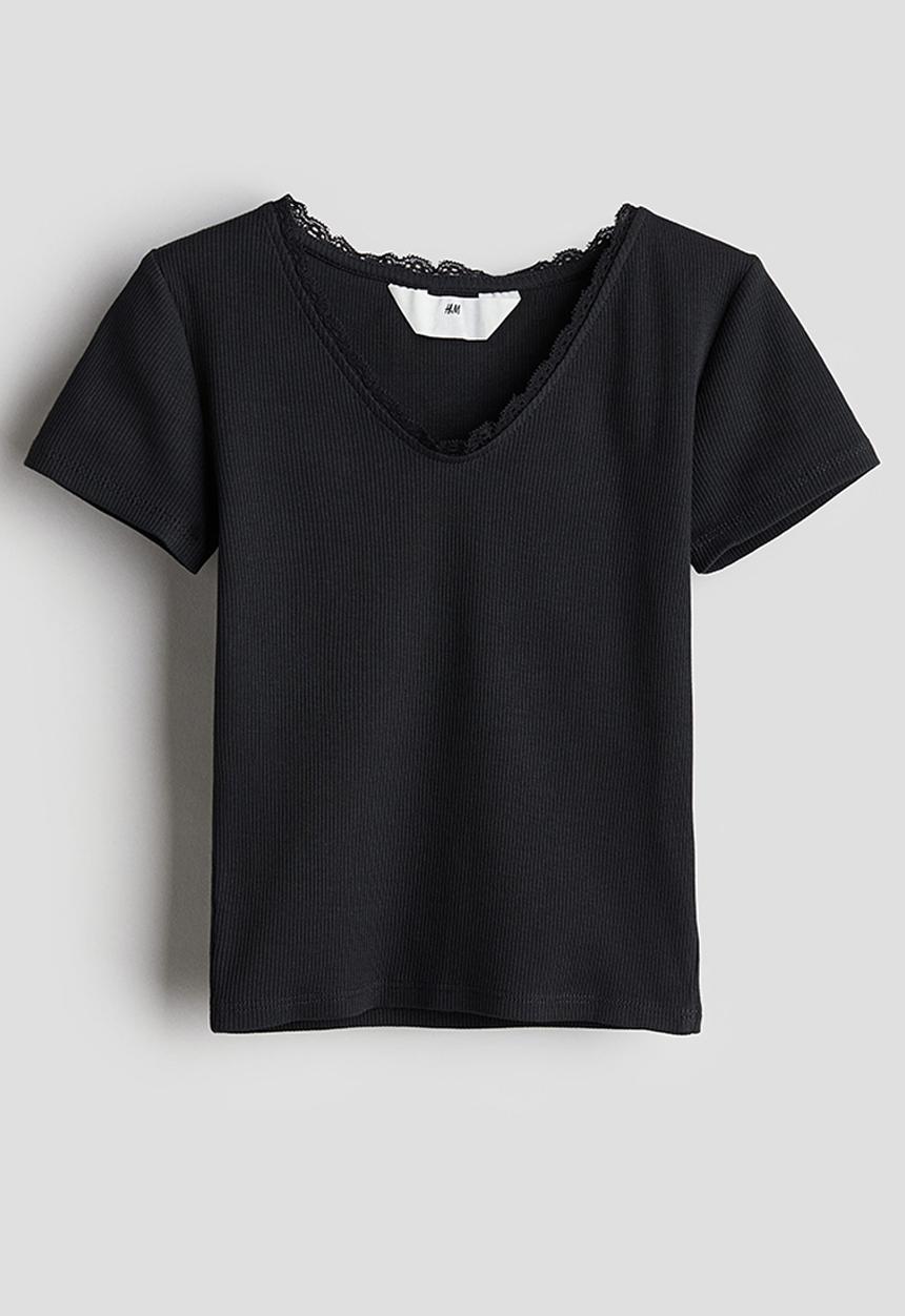 H&M - Lace-trimmed cotton top - black