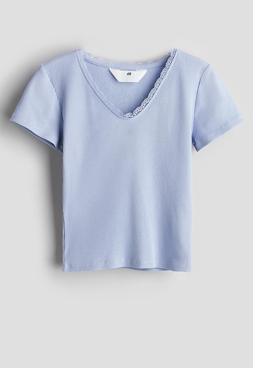 H&M - Lace-trimmed cotton top - light blue