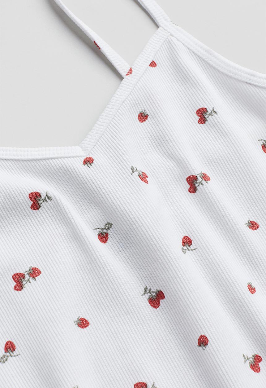 H&M - Ribbed jersey strappy top - white & strawberries