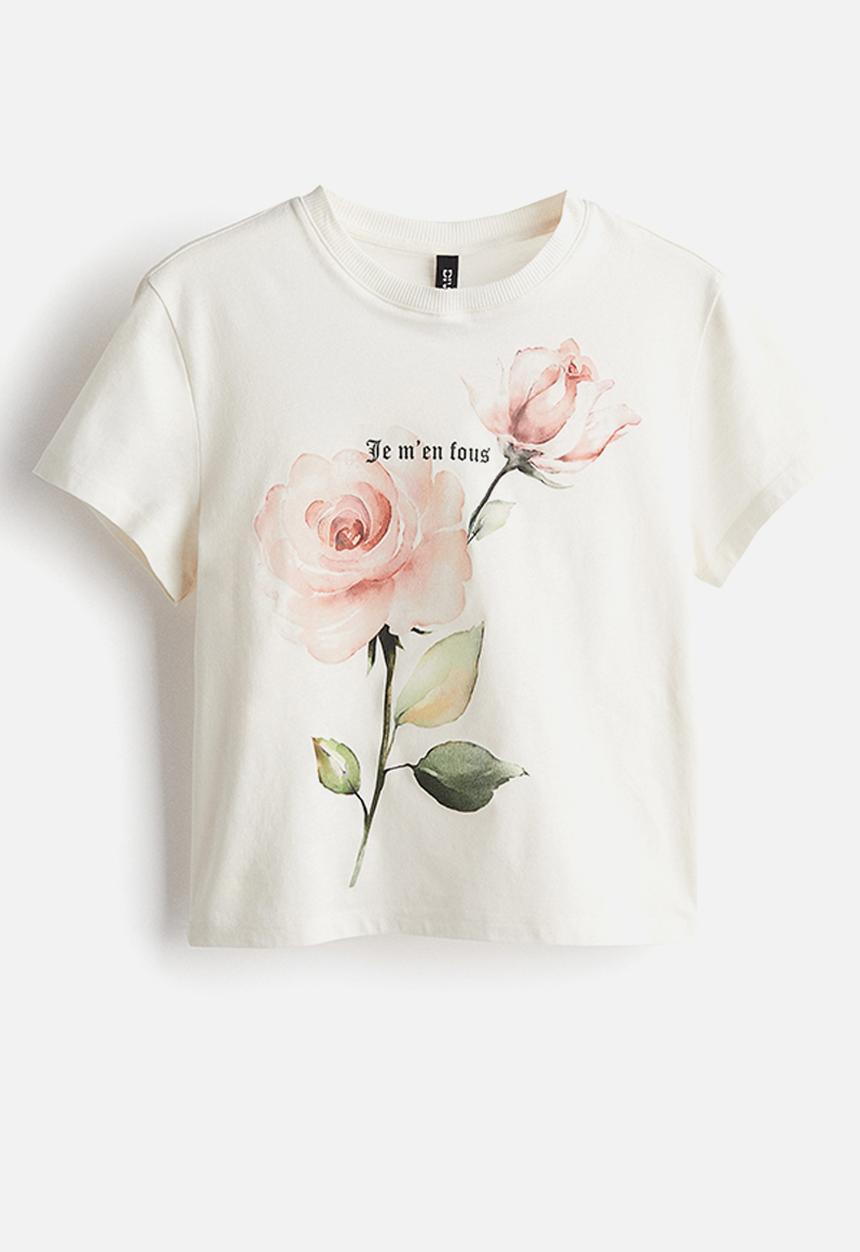 H&M - Printed T-shirt - cream/roses