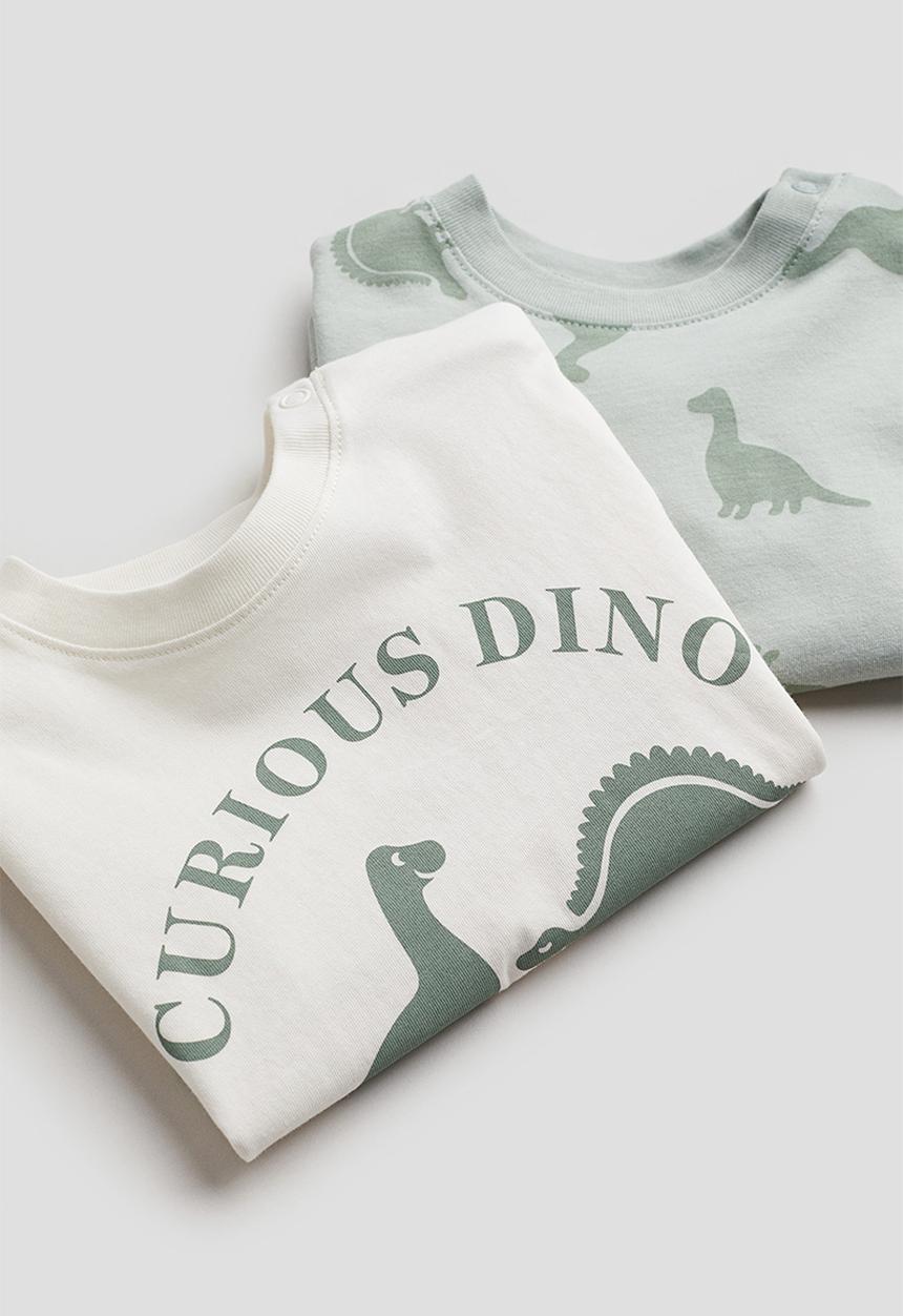 H&M - 2-pack printed cotton T-shirts - dusty green/curious dino 