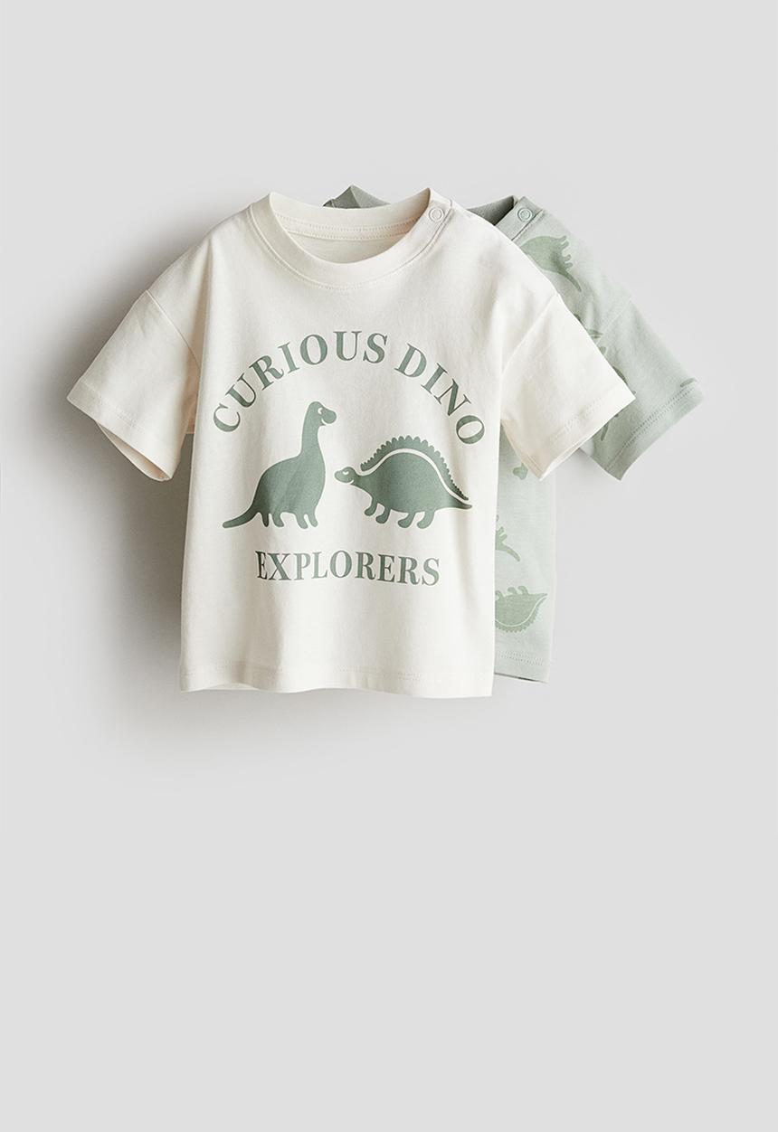 H&M - 2-pack printed cotton T-shirts - dusty green/curious dino 