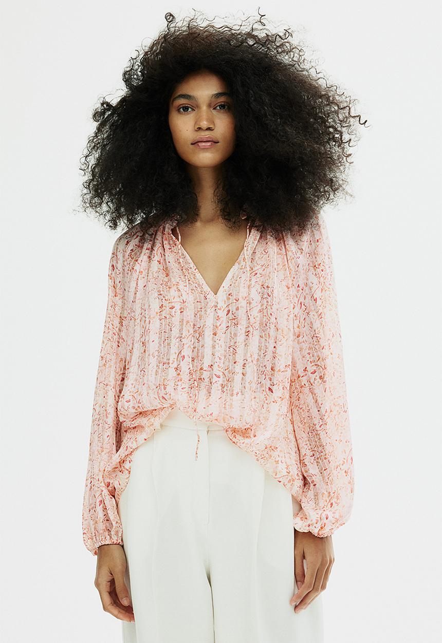 H&M - Frill-trimmed crêpe blouse - light pink patterned