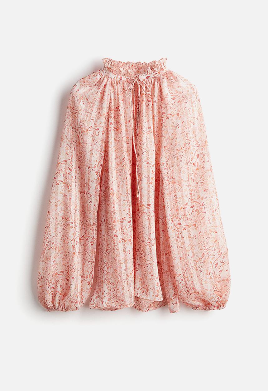 H&M - Frill-trimmed crêpe blouse - light pink patterned