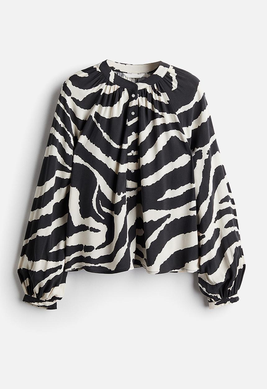H&M - Balloon-sleeved blouse - dark grey zebra print