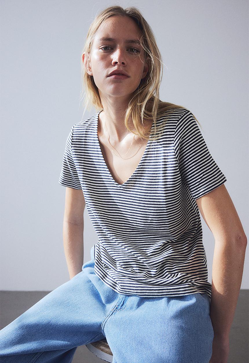 H&M - Linen-blend t-shirt - navy blue striped