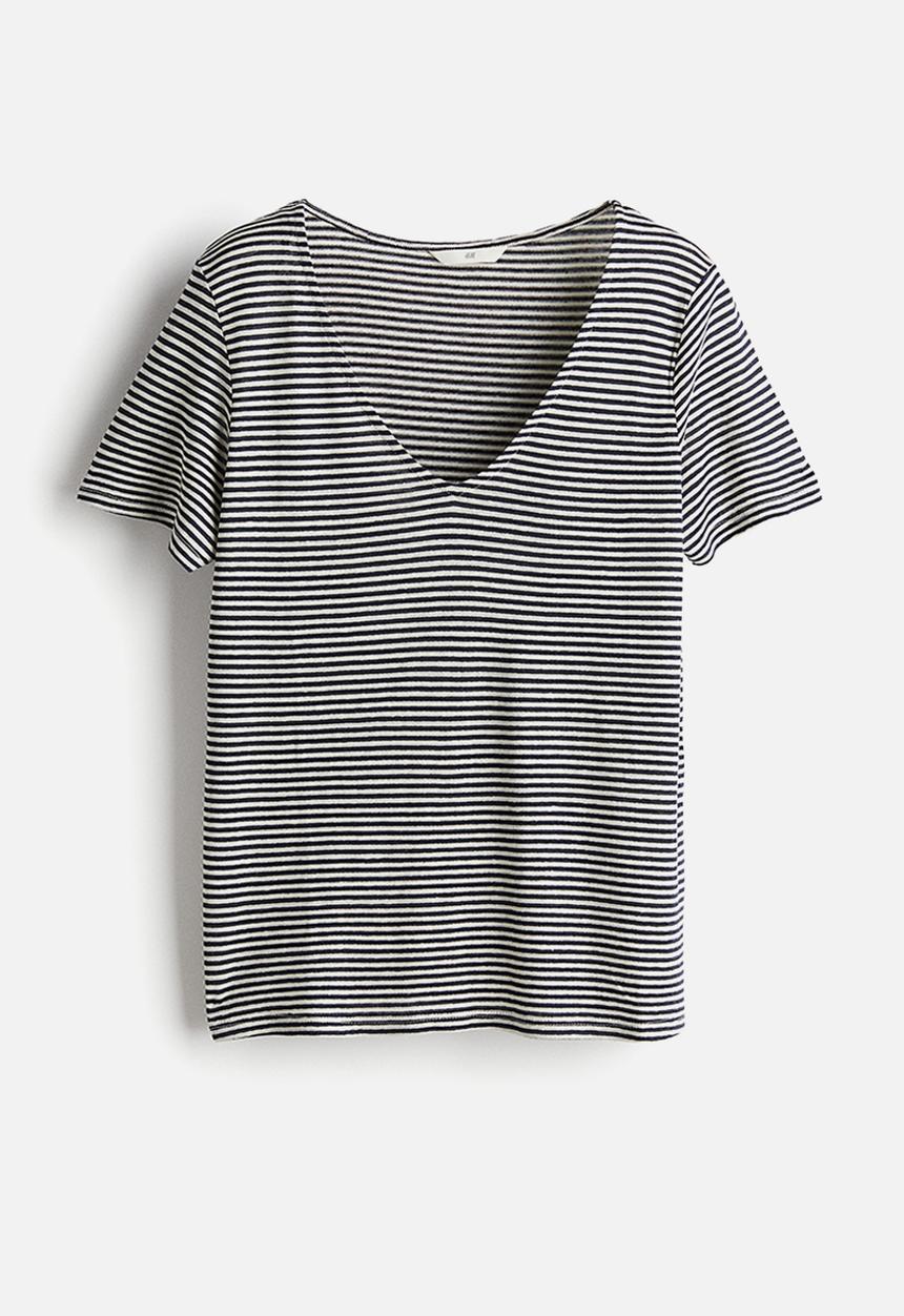 H&M - Linen-blend t-shirt - navy blue striped