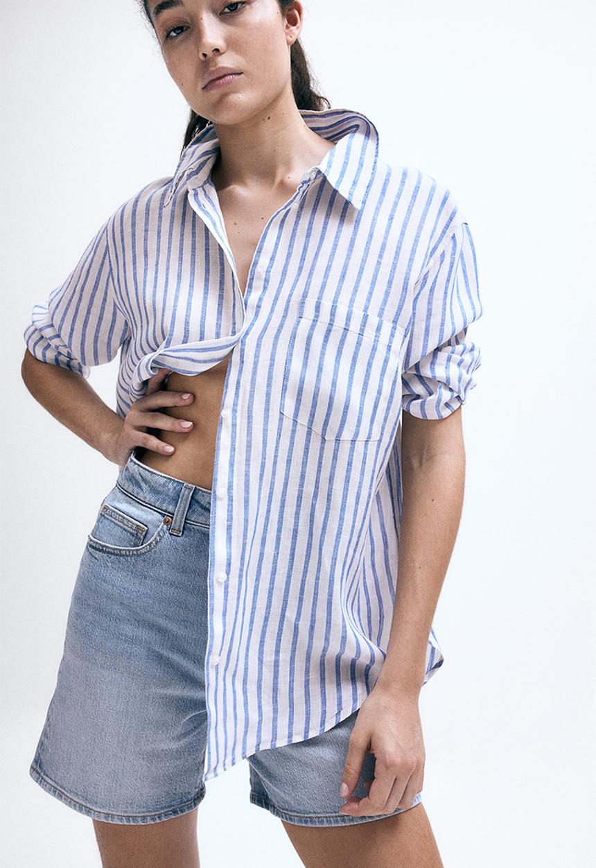 H&M - High-waisted denim shorts - light denim blue