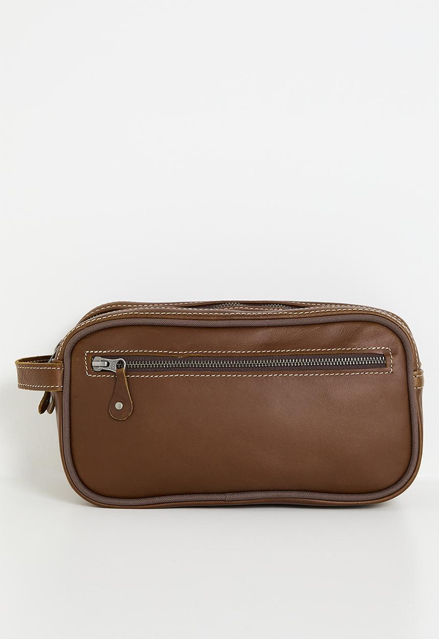 Thandana - Travel Leather double zip toiletry bag- Tobac
