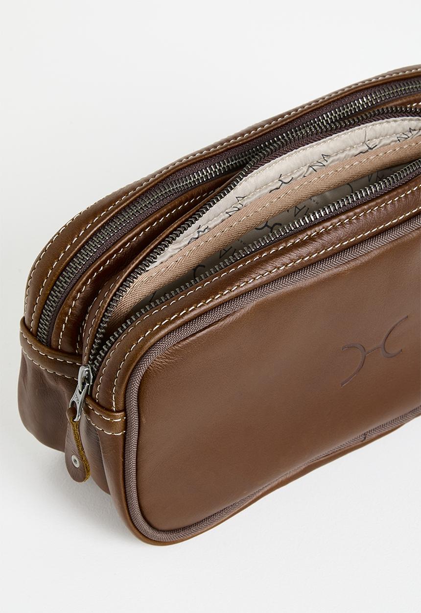 Thandana - Travel Leather double zip toiletry bag- Tobac