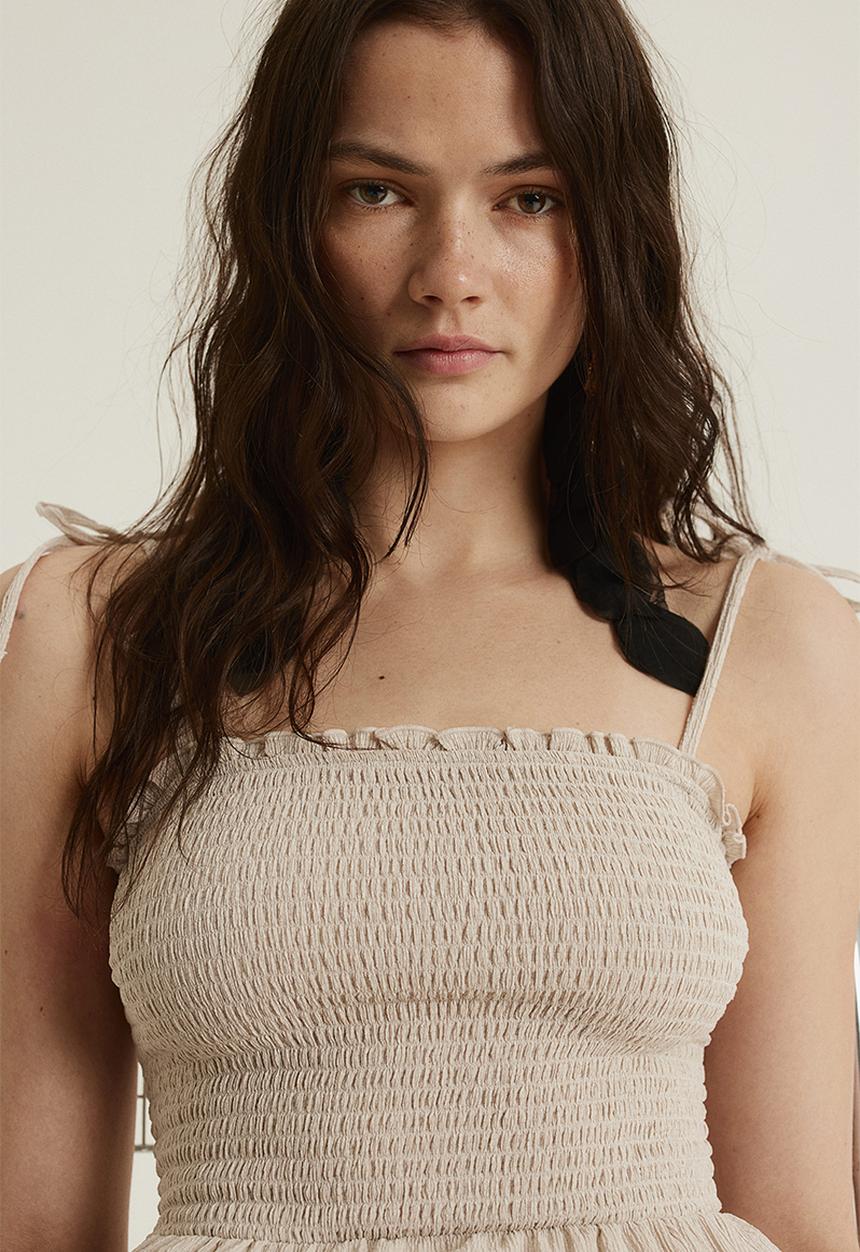 H&M - Tie-strap smocked dress - light beige