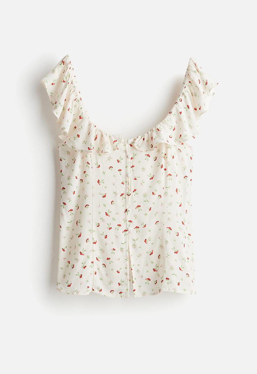 H&M - Frill-trimmed top - cream/small flowers