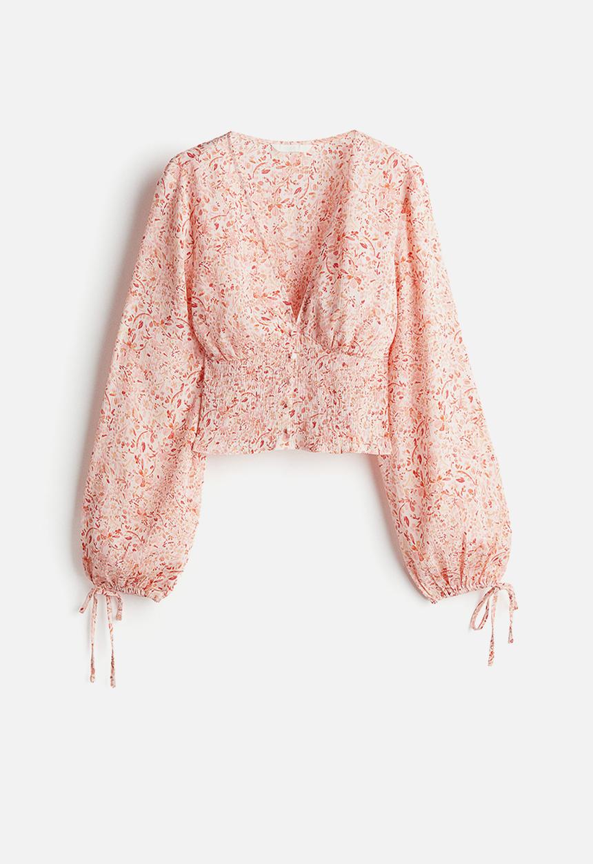H&M - Cropped v-neck blouse - light pink/patterned -