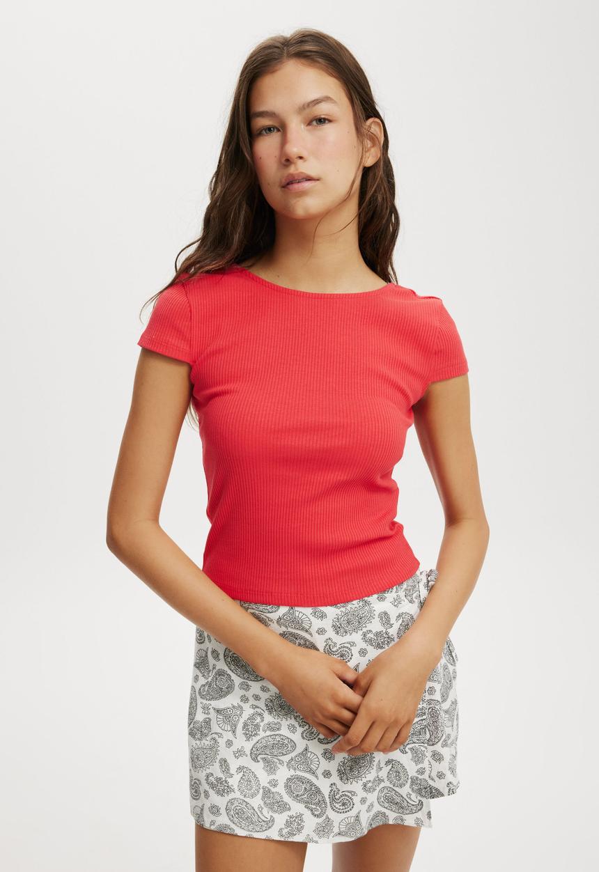Cotton On - Rosa Low Back Short Sleeve Top - Summer Red