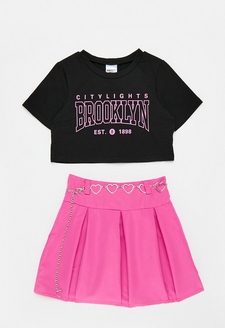 Pop Candy - Printed tee & skirt set-black & pink
