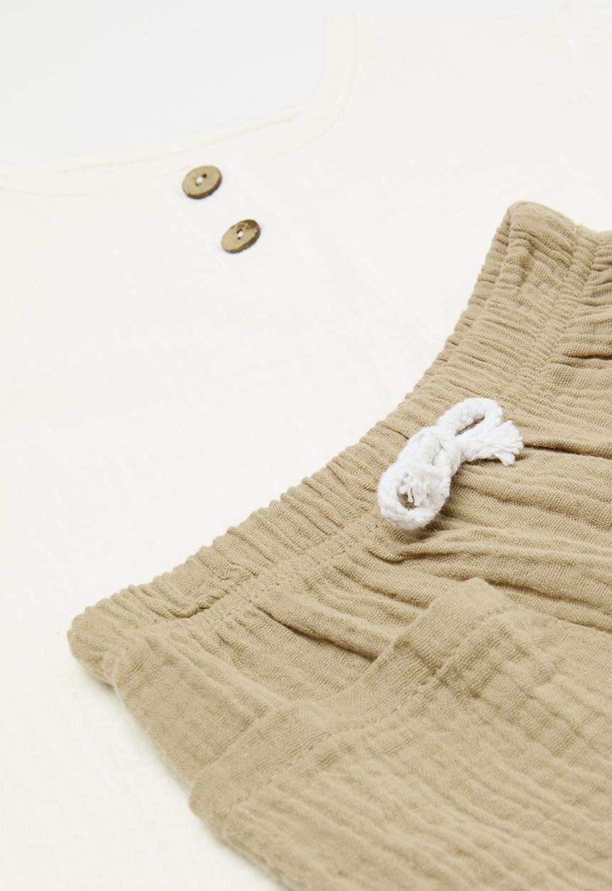 Pop Candy - Textured top & short set - beige & white