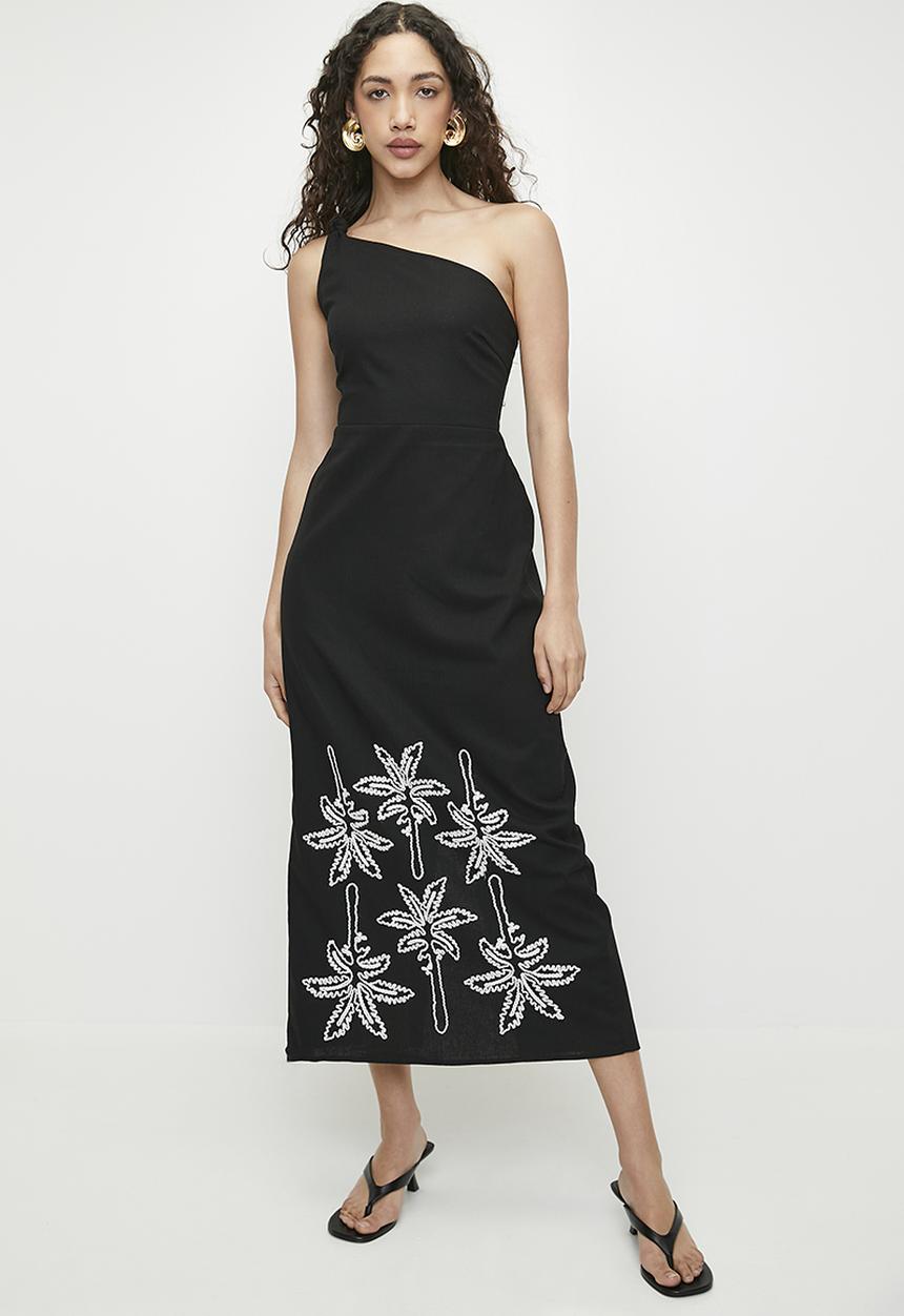 Superbalist - Linen look asym midi dress - black