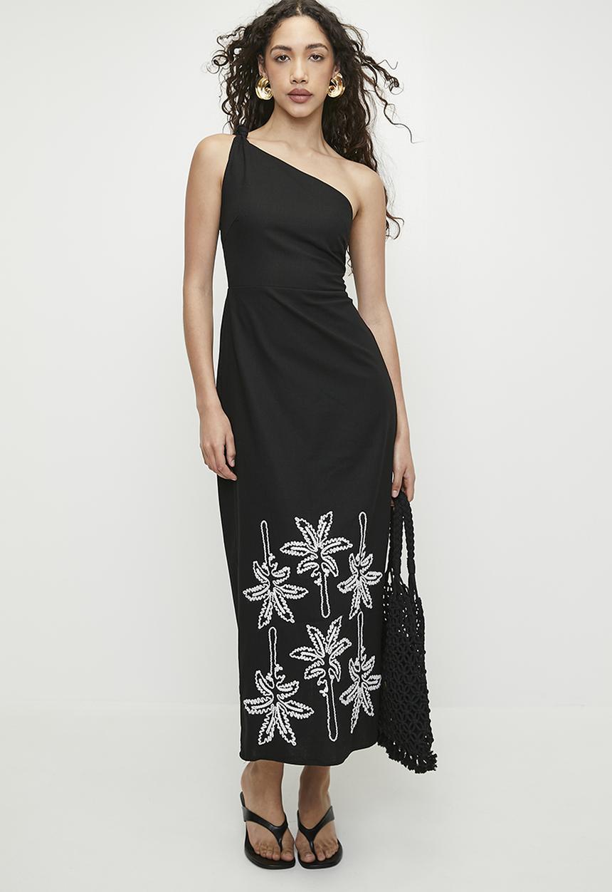 Superbalist - Linen look asym midi dress - black