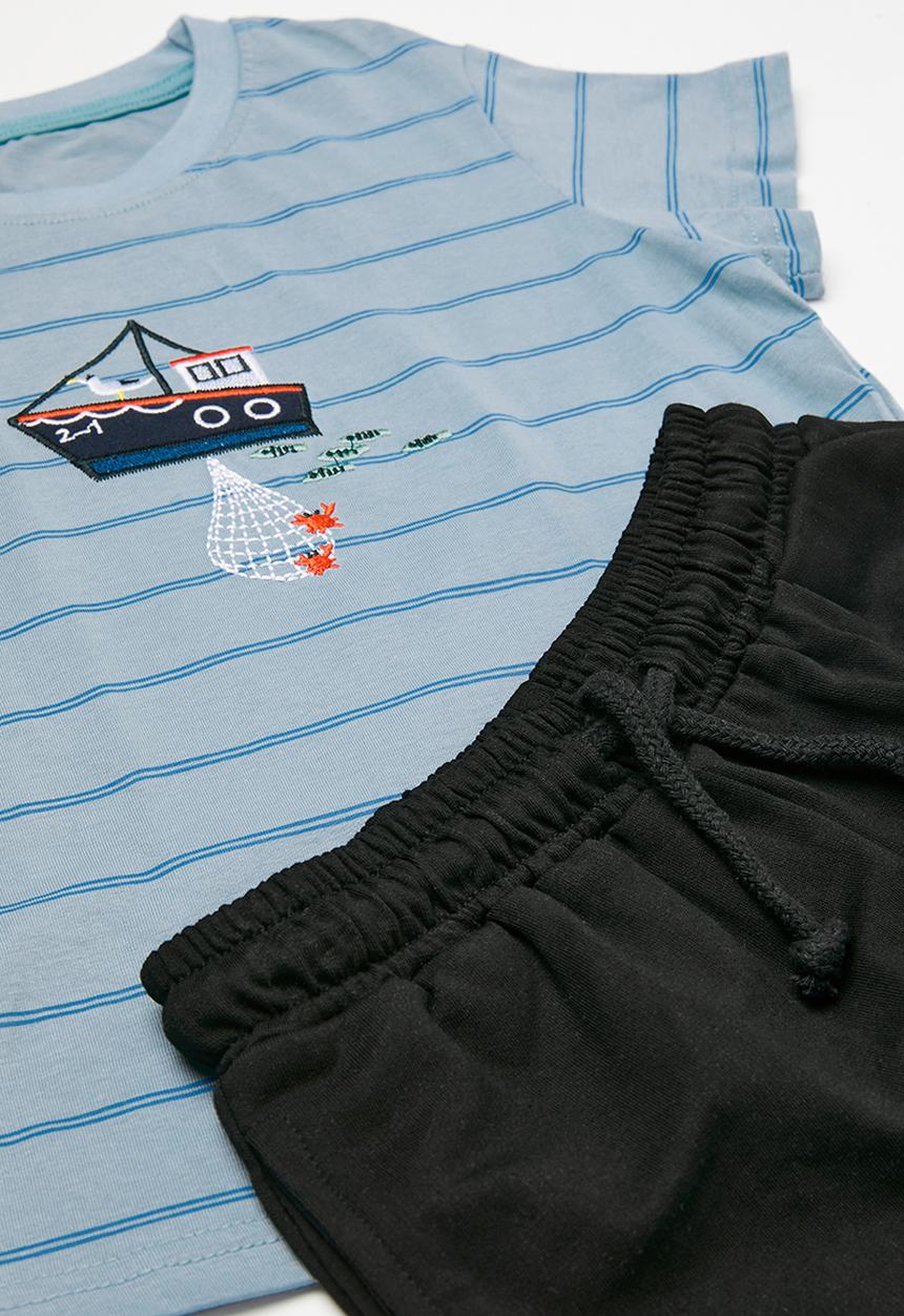 Pop Candy - Striped crew tee & short set - blue & black