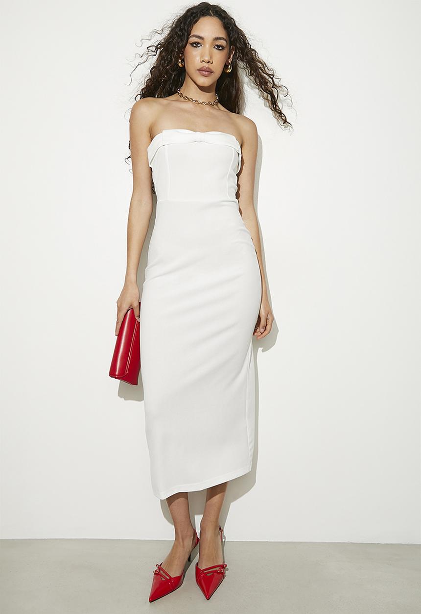 VELVET - Strapless column dress with contrast bow - white