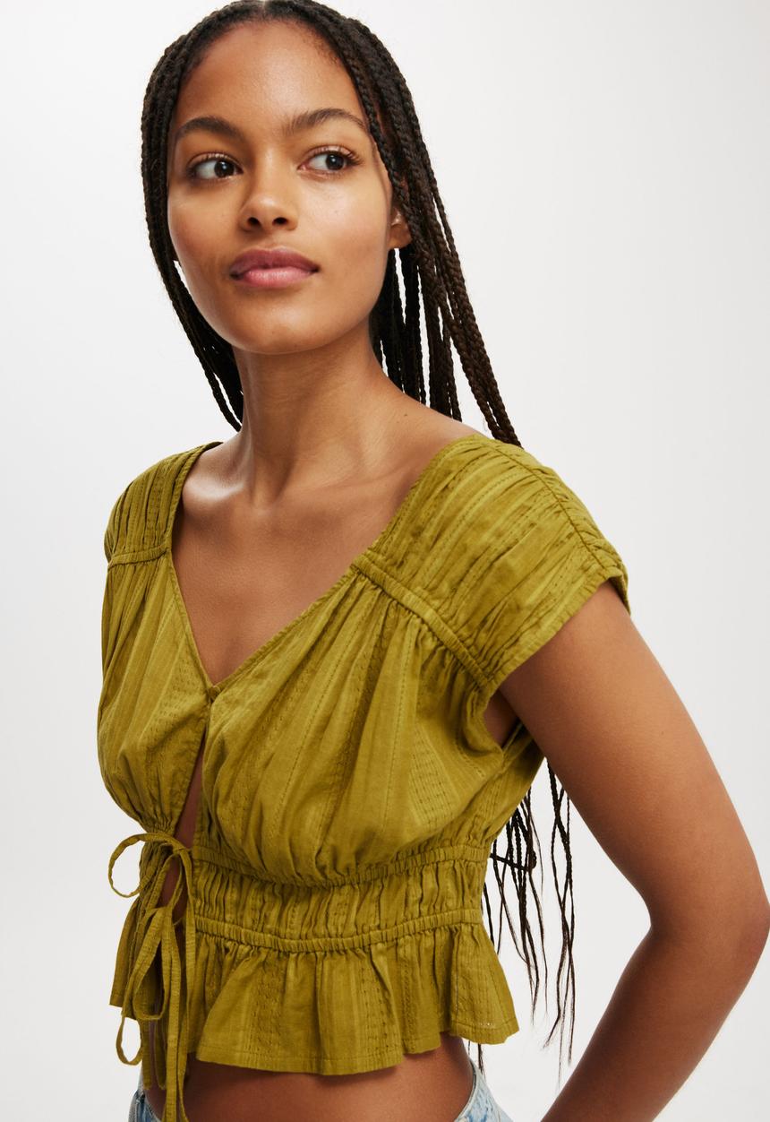 Cotton On - Frankie Gathered Blouse - Olive Texture