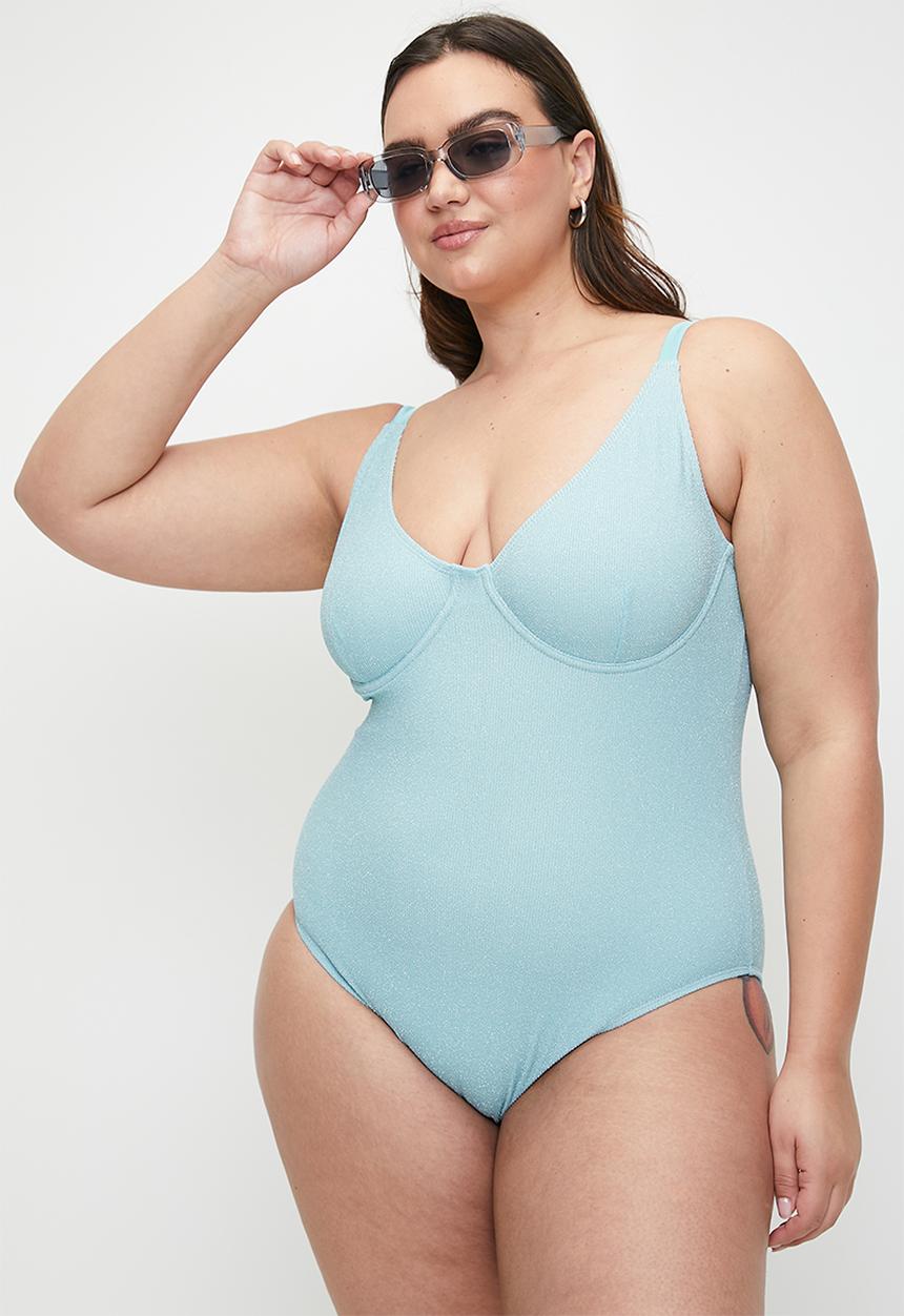 Cotton On - Plus balconette d+ one piece cheeky - paradise blue metallic crinkle