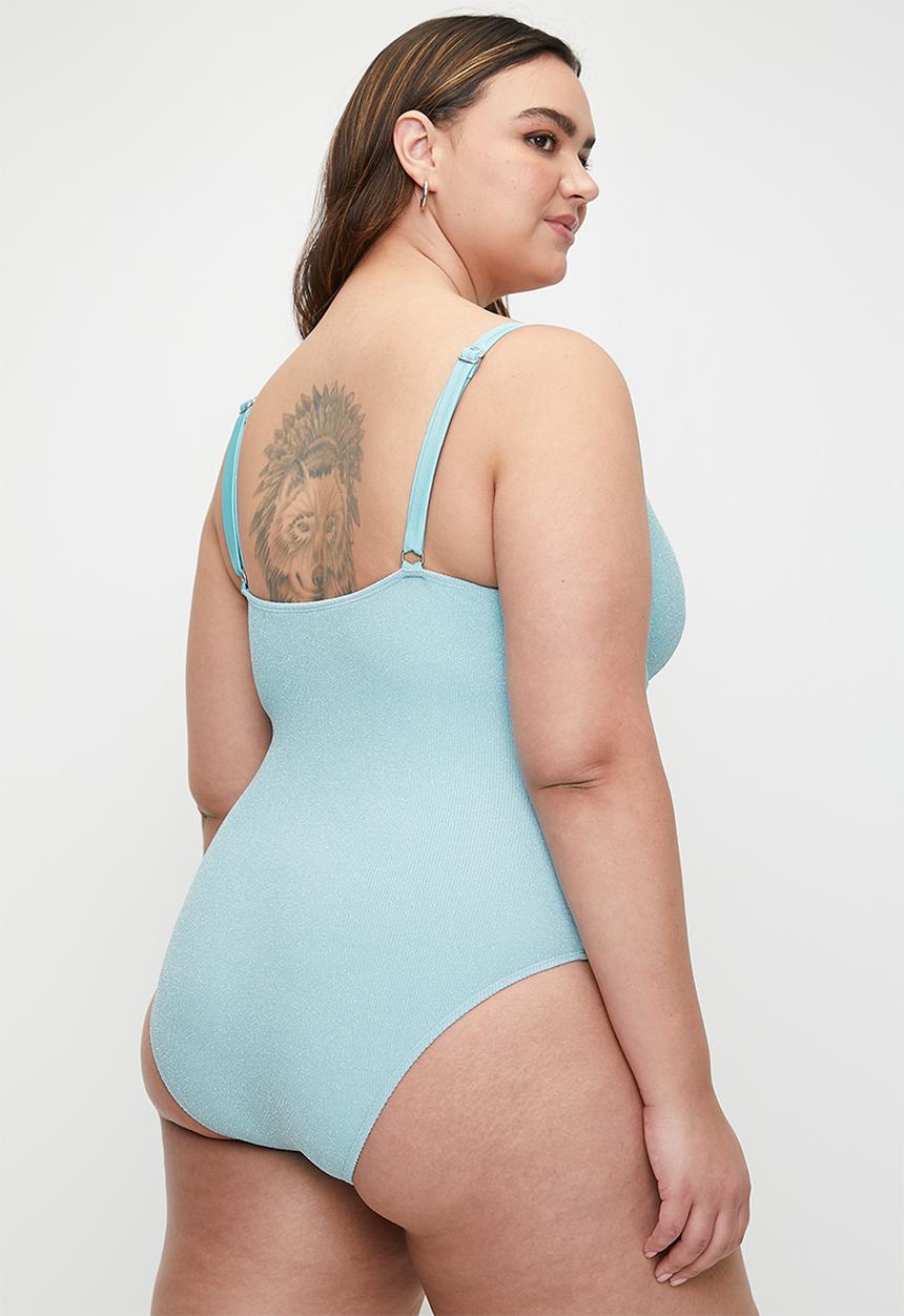 Cotton On - Plus balconette d+ one piece cheeky - paradise blue metallic crinkle