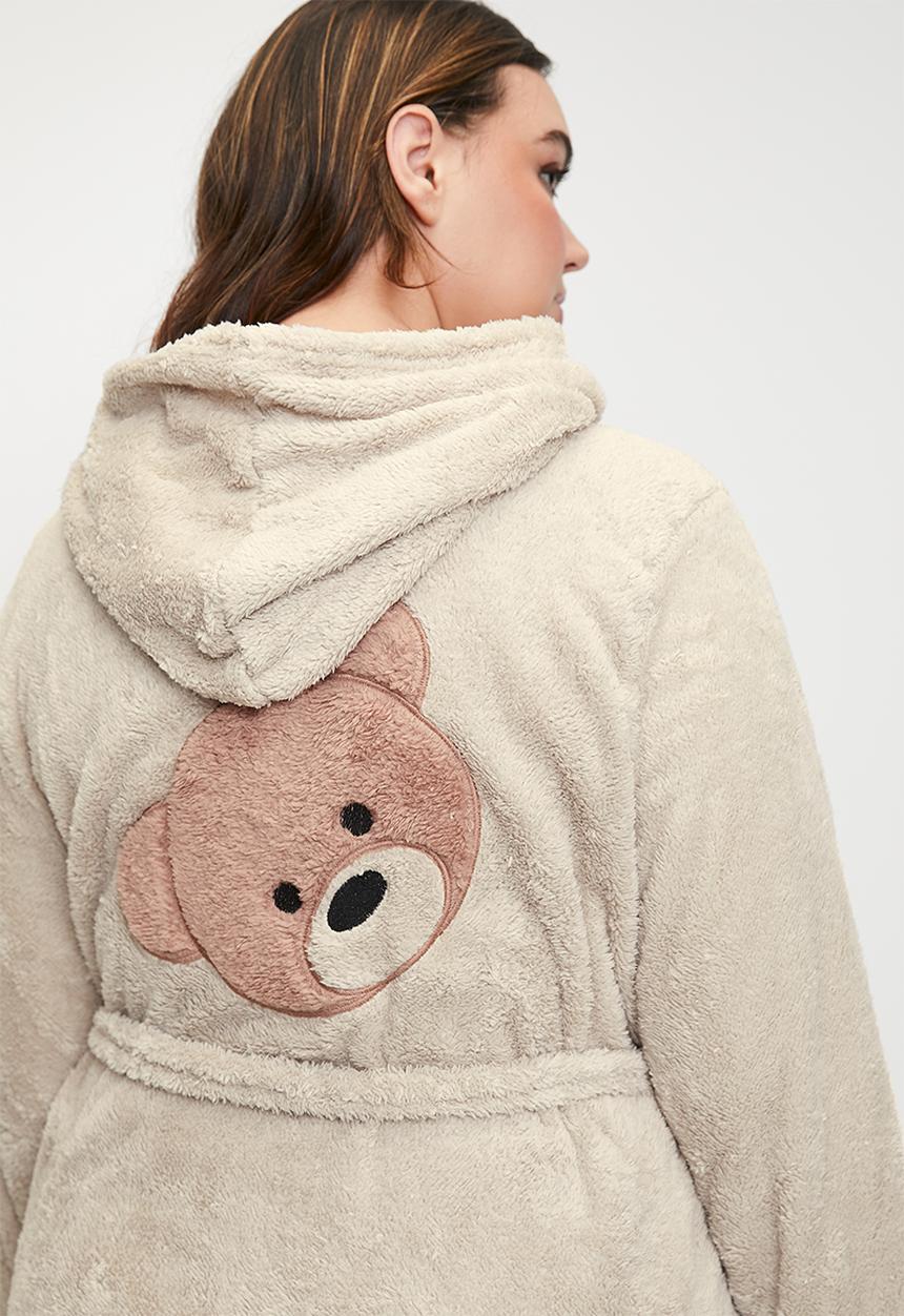 Trendyol - Teddy Bear Embroidered Hooded Wellsoft Knitted Dressing - Beige