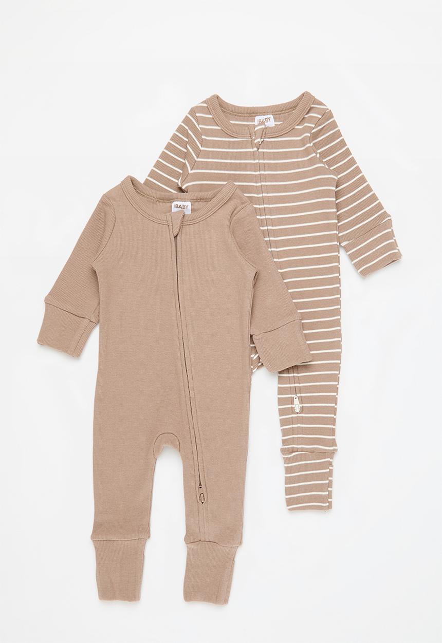 Cotton On - The long sleeve rib romper - oatmilk/vanilla riley stripe & oatmilk