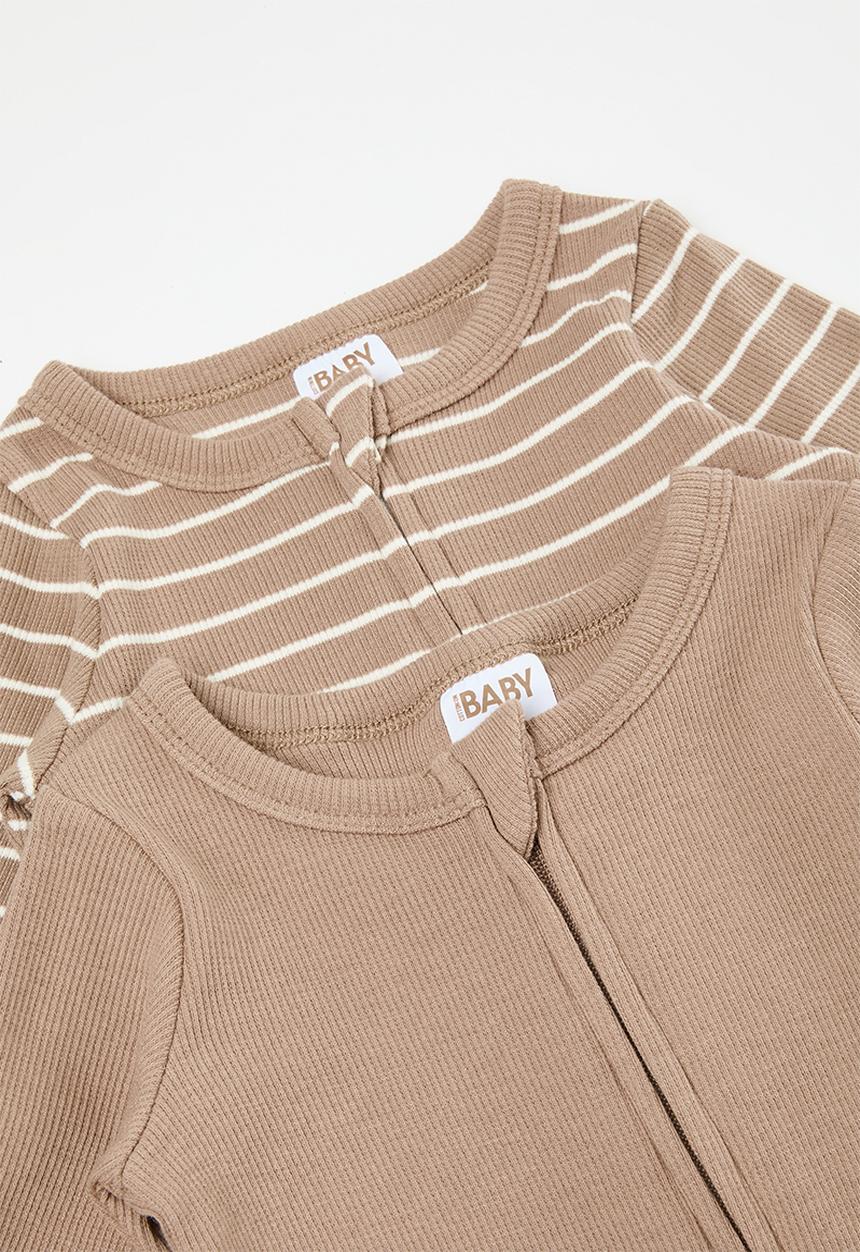 Cotton On - The long sleeve rib romper - oatmilk/vanilla riley stripe & oatmilk