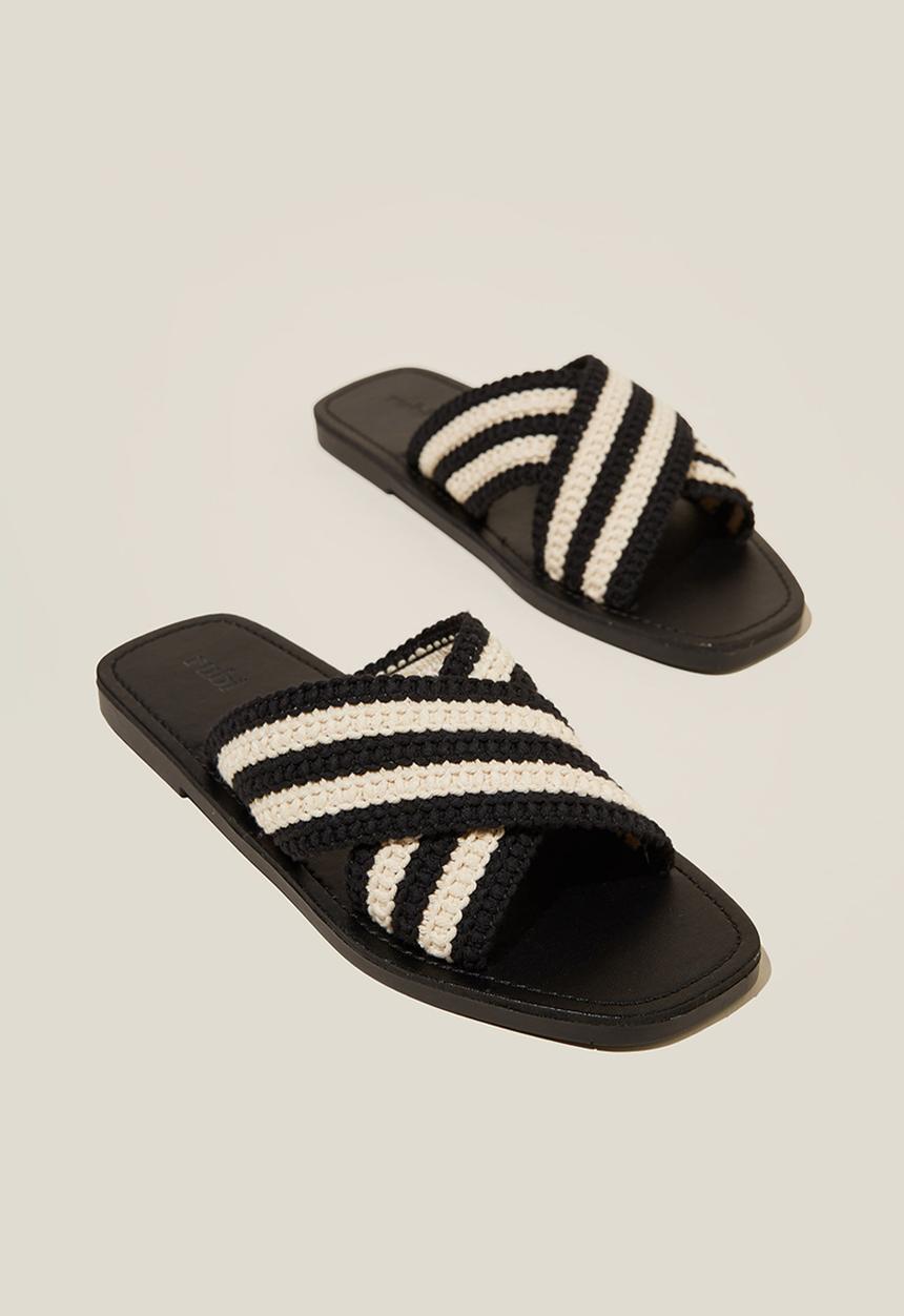 Cotton On - Bella Crossover Slide - Black/White Crochet
