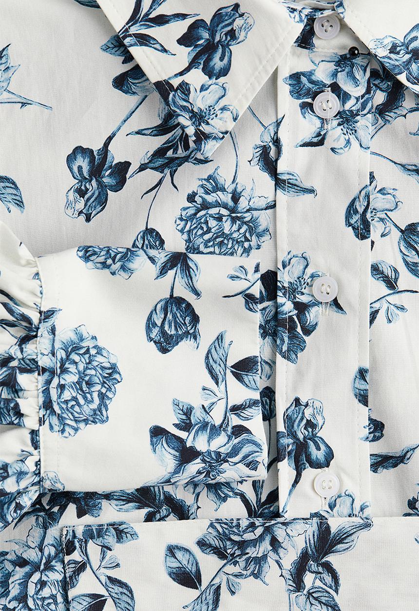 H&M - Tie-belt shirt dress - white & blue floral