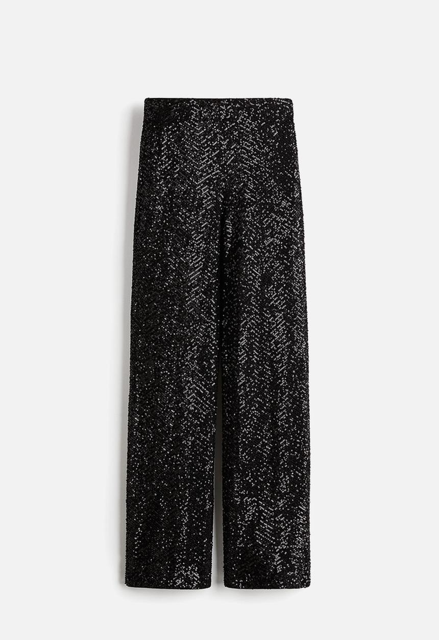 H&M - Sequined trousers - black herringbone-patterned