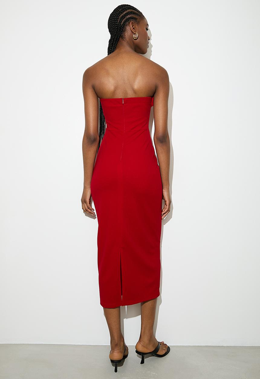 VELVET - Strapless column dress with contrast bow - red