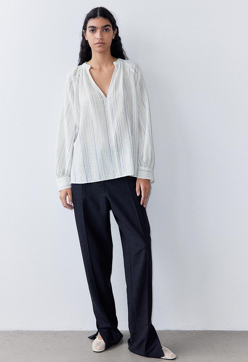 H&M - Double-weave blouse - white & blue striped