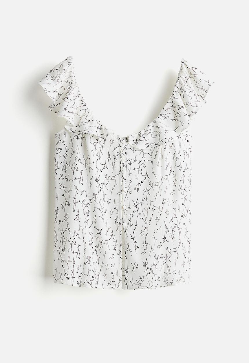 H&M - Frill-trimmed top - white patterned