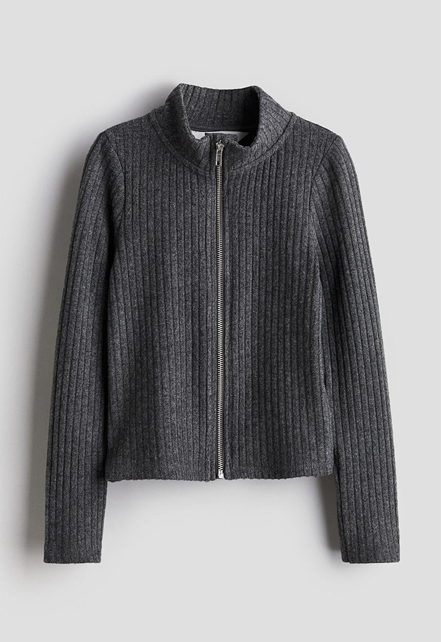 H&M - Ribbed zip-through cardigan - dark grey marl