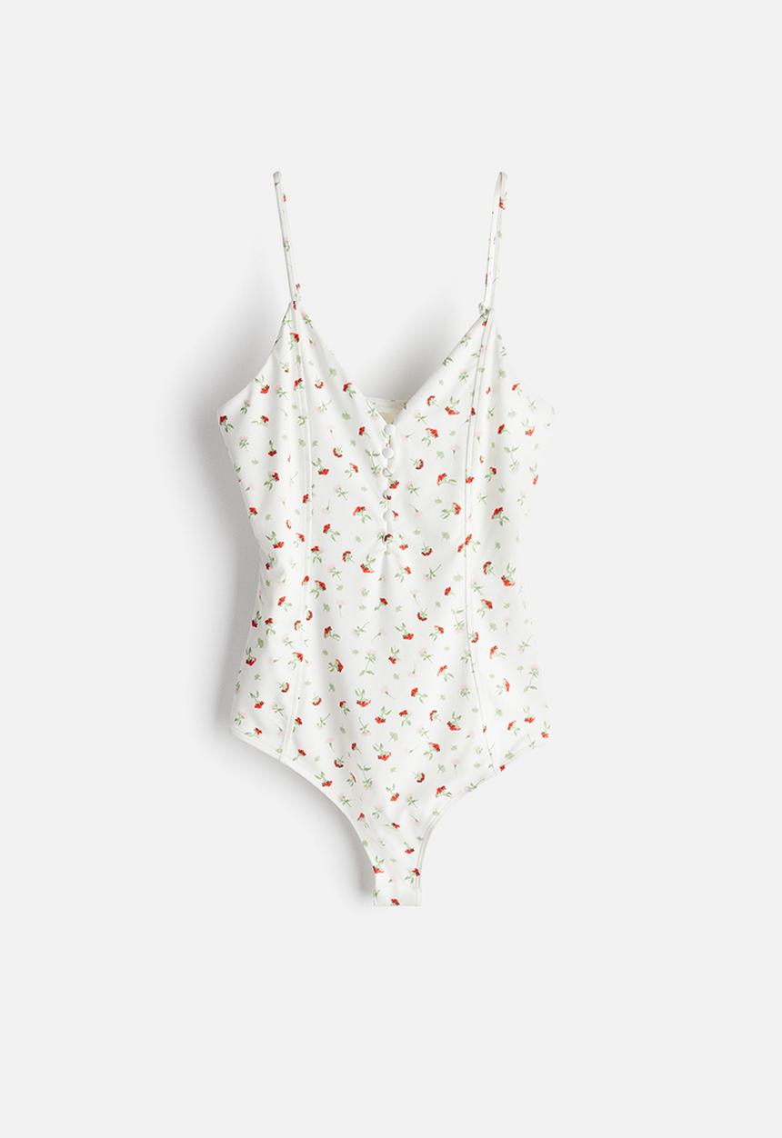 H&M - Button-front thong body - white/floral 