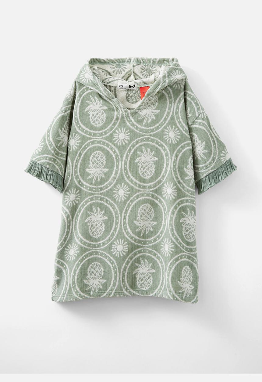 Cotton On - Kids short sleeve hooded towel - deep sage/jacquard pineapples