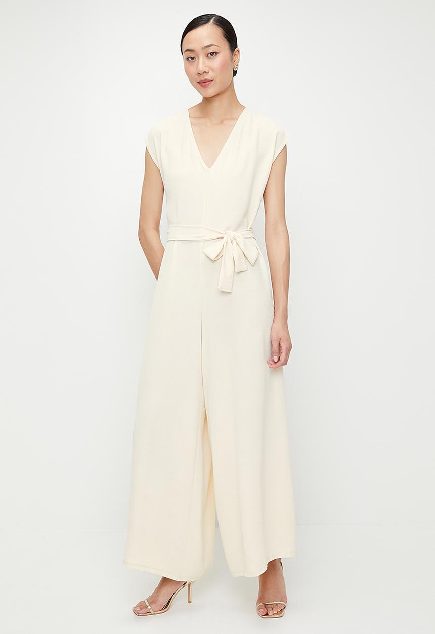 edit - V-neck with Tie Detail Jumpsuit - Neutral