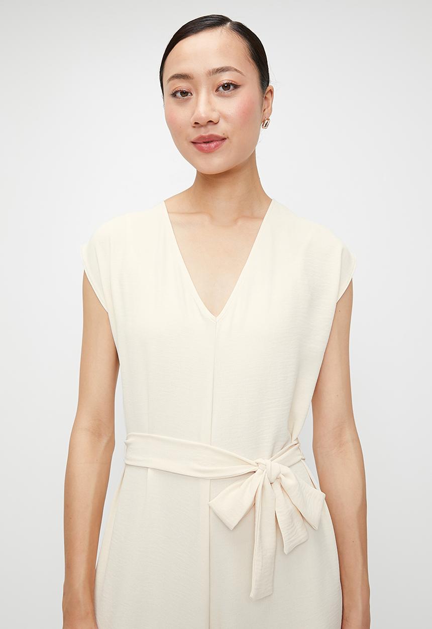edit - V-neck with Tie Detail Jumpsuit - Neutral