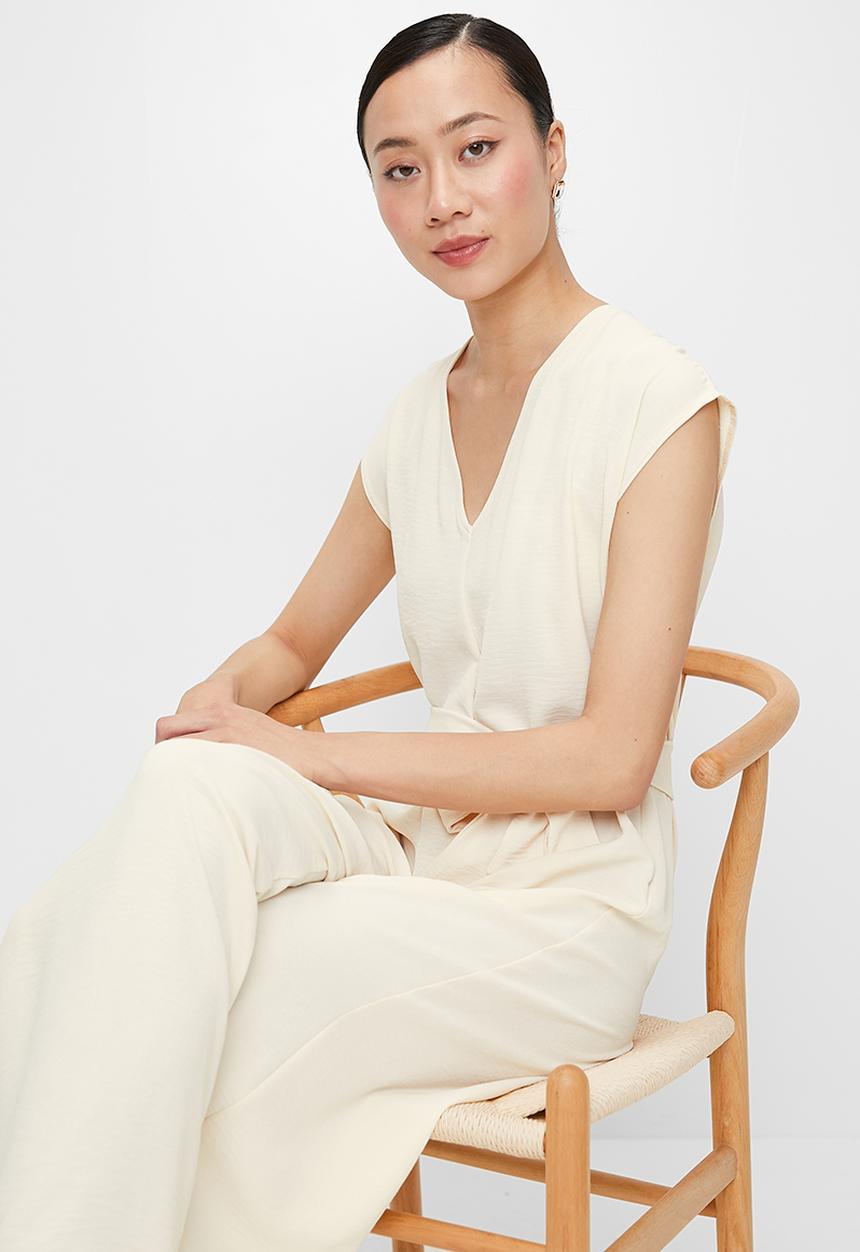 edit - V-neck with Tie Detail Jumpsuit - Neutral