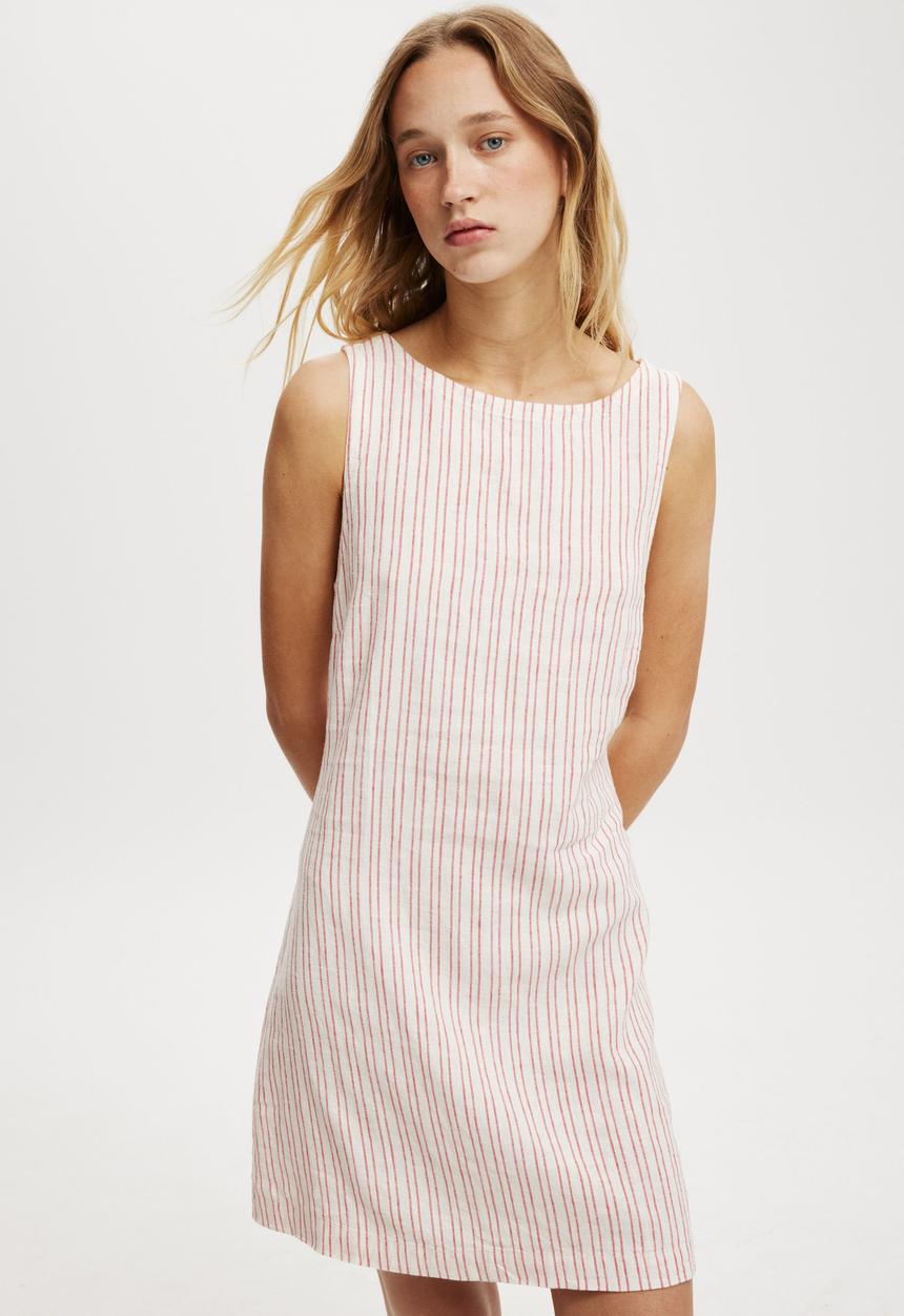 Cotton On - Haven High Neck Mini Dress - Jacqui Stripe Red Vertical