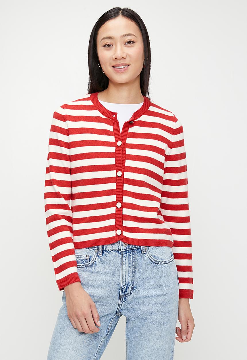 French Connection - Boxy Stripe Cardigan - Poppy & Ivory