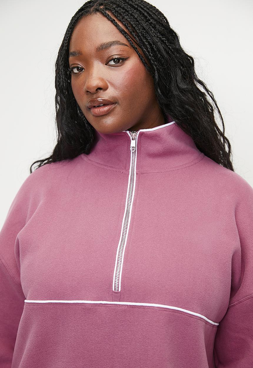 Cotton On - Plus Plush Essential Half Zip Jumper - Red Violet